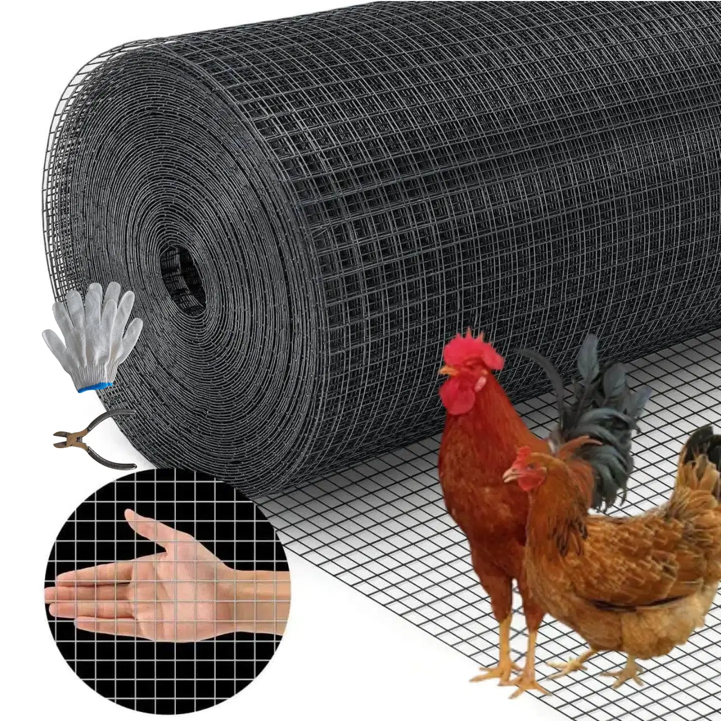 Black Hardware Cloth 1/2 inch Mesh 48inx100ft 19Gauge  with Snips/Gloves, Vinyl Coated Wire Mesh Roll Chicken Wire Fencing Wire Fence Roll Tree Guard Wire Mesh Fence Rat Wire Garden Fencing