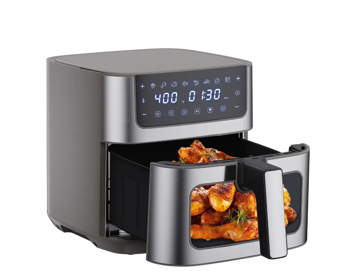 6 Quart Air Fryer, 9-in-1 Functions, Ceramic Coating, 90°–450°F, Gray