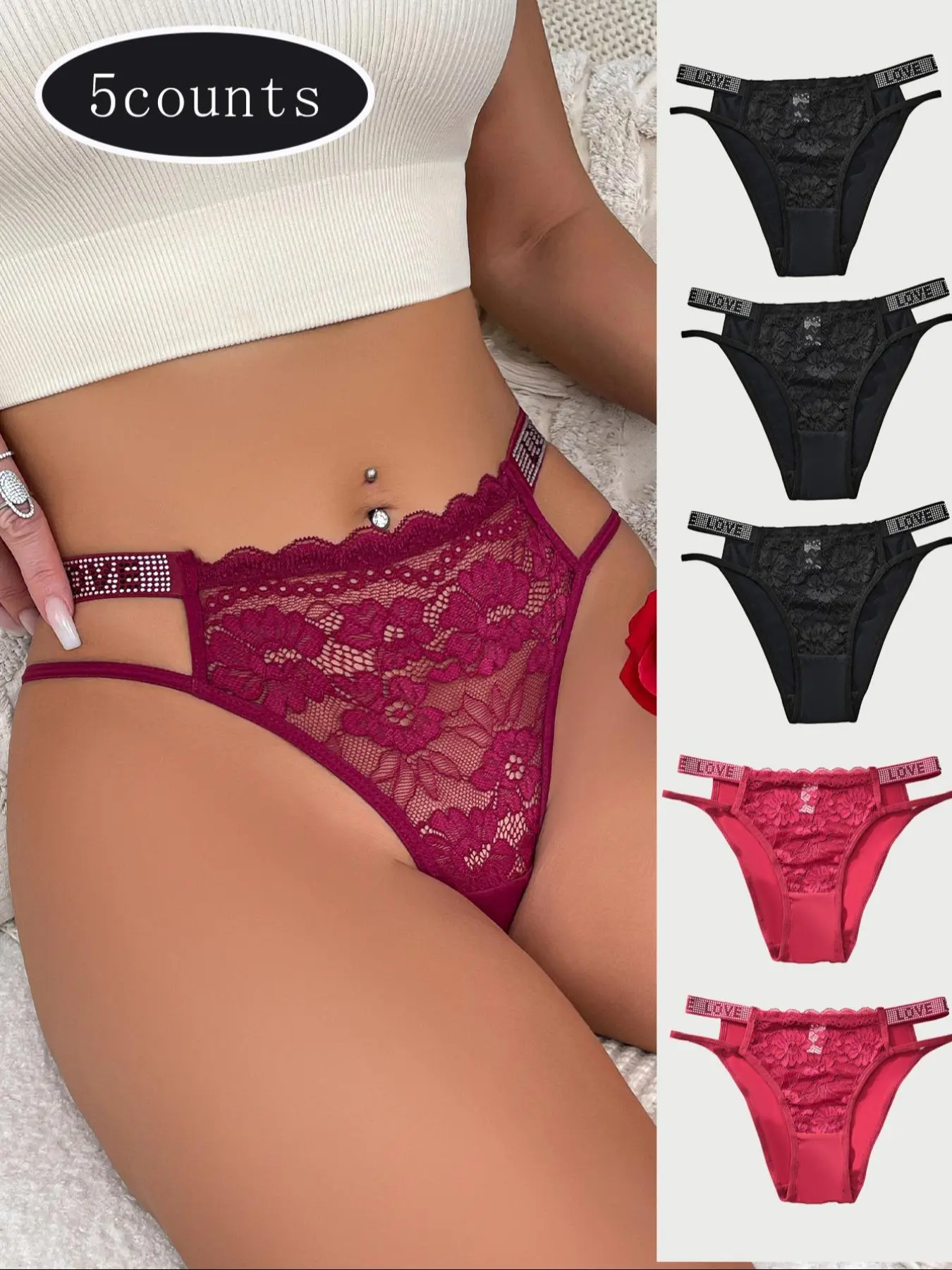 5/6 Pack Women's Sexy Lace Panel Breathable Panties, Stylish Rhinestone Letter Design, Comfortable Fit, Ideal for Everyday Wear