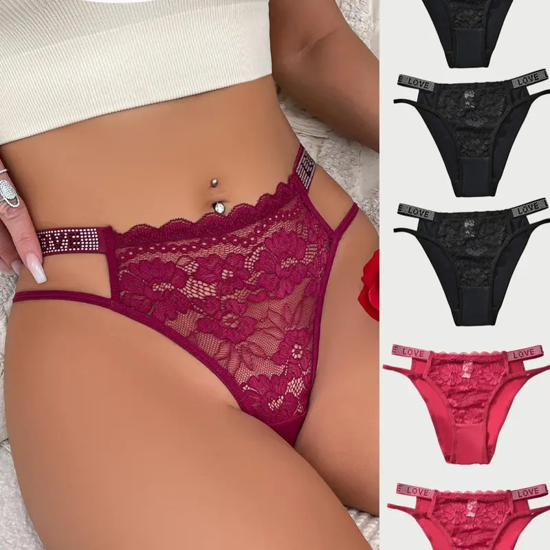 5/6 Pack Women's Sexy Lace Panel Breathable Panties, Stylish Rhinestone Letter Design, Comfortable Fit, Ideal for Everyday Wear, Lace Fitted Panty