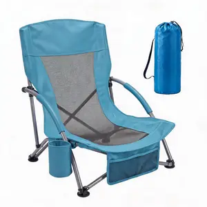 2 Pack Portable & Compact Low Beach Chairs for Adults –  Reclining Folding Travel Chairs with Cup Holder – Lightweight, Fits in Suitcase – Perfect for Beach, Camping, Festivals – Blue outdoorfun
