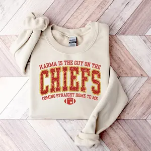 Karma Is the Guy on the Chiefs Sweatshirt, Funny Football Game Day Sweatshirt – Retro Red & Gold Crewneck for Women, Fall Tailgate Pullover
