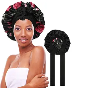 Double-Layer Black&Red Satin Bonnets Adjustable Night Sleeping Cap for Women Braids Curly Hair Natural Hair Bonnet Wrap with Tie Band