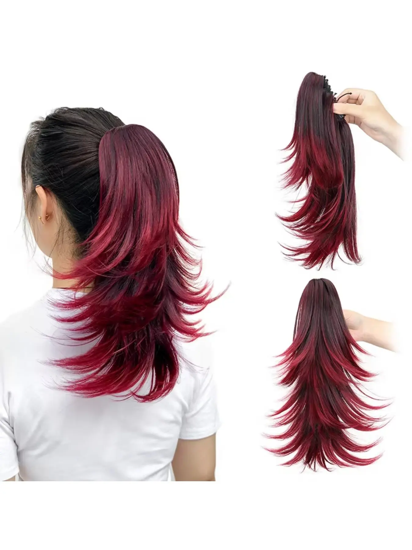 14-Inch Synthetic Short Curly Layered Hair Extensions Ponytail Extension (with Claw Clip) — Women's Hair Accessory (Red, Gold, Black)