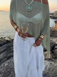 Women's Solid Boat Neck Off Shoulder Summer Lightweight Shiney Knit Top, Asymmetric Hem Design Loose Fit Flowy Knitted Shrug Cloak Casual Vacation Beach Holiday Travel Street Daily Wear, Stylish and Comfortable Knitted Sweater Top, Summer Holiday Outfit