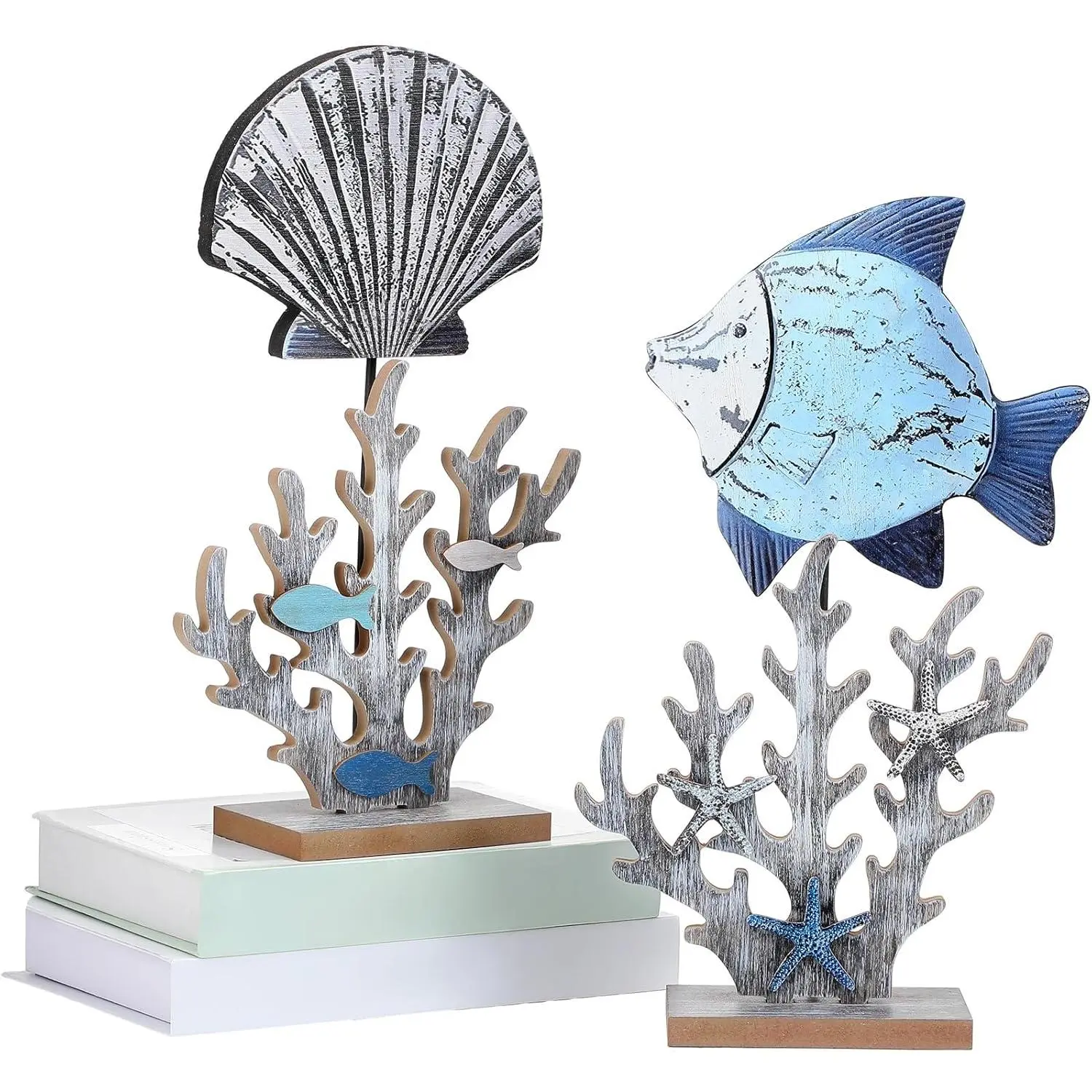 Novabright 2-Piece Paulownia Wood Coral Fish Statues with 3D Starfish, Seashells & 3D Decals - Rustic Farmhouse Coral Tree Marine Life Decor, Summer Ocean Table Centerpieces for Coastal Beach Home Gifting