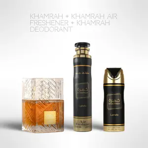 Khamrah Complete Set – Perfume 100ml + Air Freshener + Deodorant Body Spray | Long Lasting & Luxurious Scent Khamrah Complete Set – Perfume 100ml + Air Freshener + Deodorant Body Spray | Long Lasting & Luxurious Scent