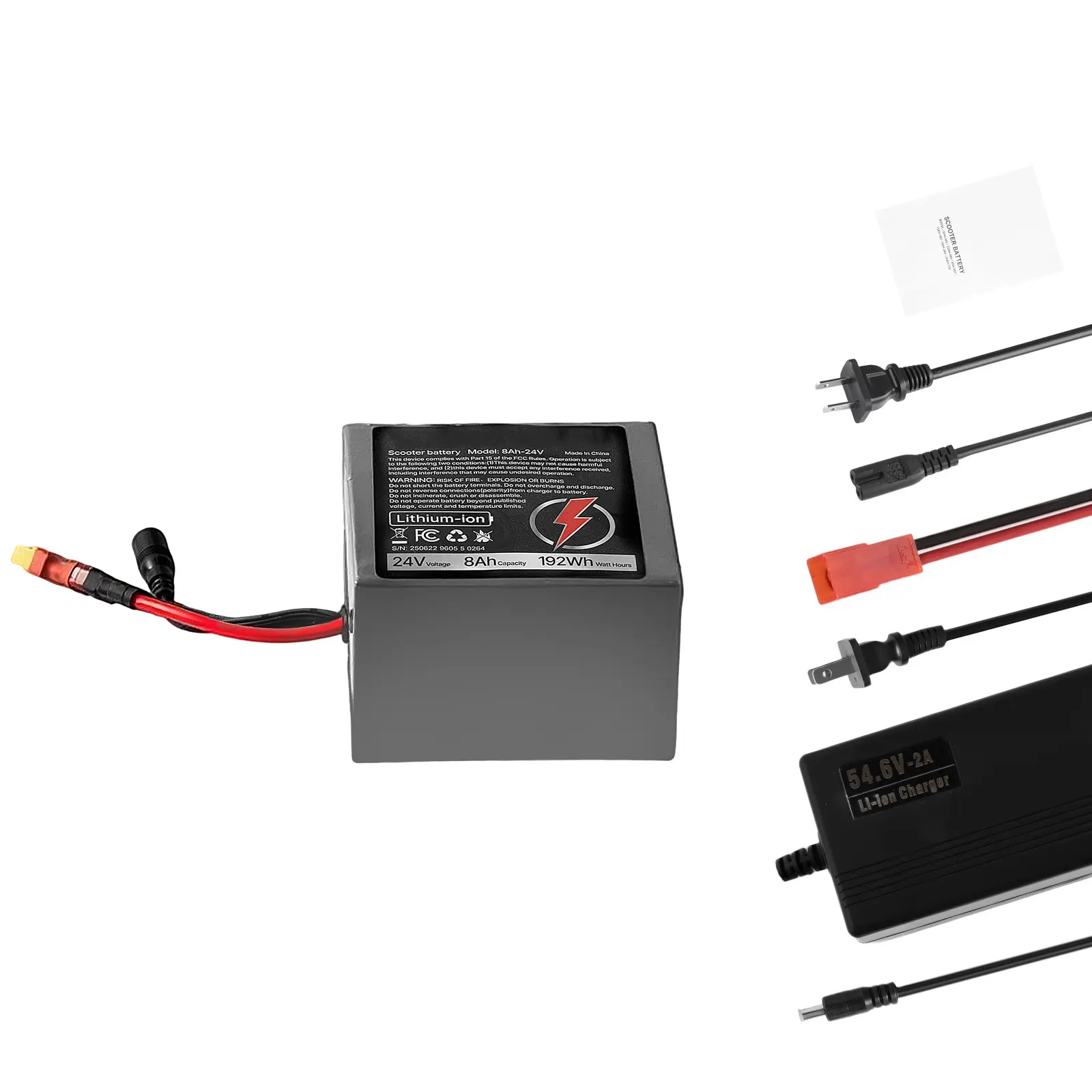 24V Electric Scooter Battery, 8Ah, Ebike Lithium Battery Pack with 30A BMS, Charger, T-Plug Expansion Cable, 500+ Cycles, Compatible with 1920W Motors, for Electric Bikes Bicycles, Scooters