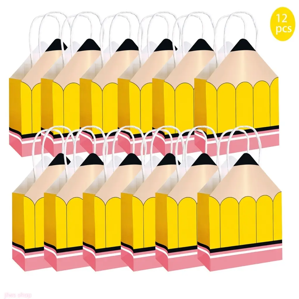 12 Pack 2026 New Pencil Themed Paper Bag With Handles For Back To School Party Favor And Classroom Decoration Set Of Durable Eco Friendly Goodie Bags For Kids Students Lightweight Fun Light Luxury Summer Cute US Design homedecor