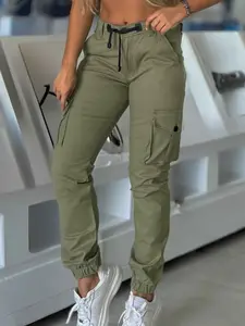 New Women's Fashion Utility Pants, Multi-Pocket Casual Fitted Adjustable Drawstring Cargo Trousers, Comfortable Long Workwear for Spring & Fall Seasons, Casual Streetwear Pants