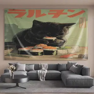 Simple Tapestries Black cat eating sushi Elegant Hanging decoration Tapestry Wall Hanging