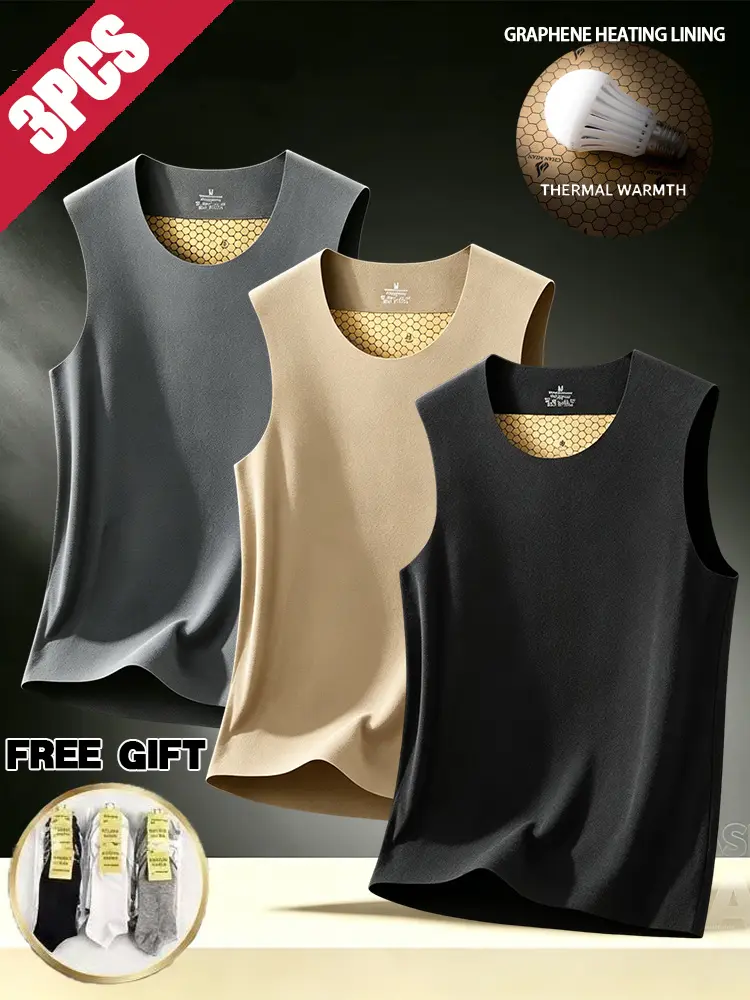 3-pack men’s warm sleeveless tops featuring graphene anti-static interference and a heating inner layer; suitable for winter layering under thin fleece for warmth.