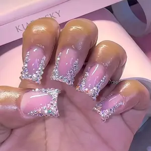 Glitter Rhinestone Decor Press on Nails with Tools, 24pcs Removable Full Cover Artificial Fake Nail, Short Square Acrylic Press Nails, Sparkly Rhinestones Nail Extensions, Nail Art Design Stylish Acrylic Nails, Acrylic Nail Kit, Glittering Fake Nails