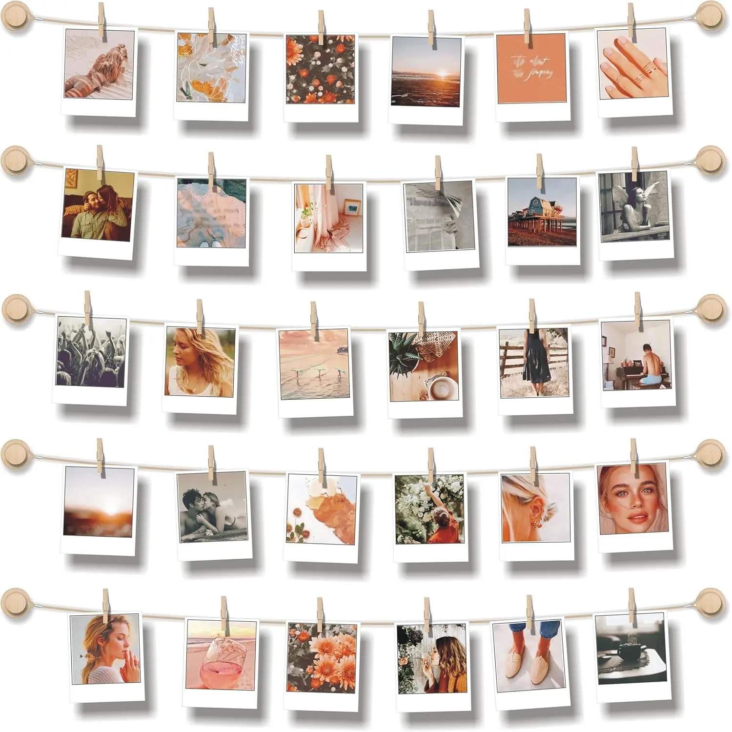 Hanging Photo Display Room Wall Decor - Sculptural Picture Frames Collage - 5 Strings with 30 Clips - 3M Self Adhesive Hooks - No Holes Drilling - 30 x 30 inch