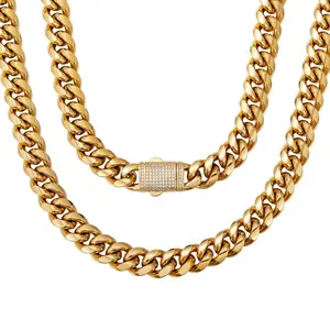 Unisex Miami Hip-Hop Style Gold Cuban Link Necklace - Stainless Steel, Vacuum-Plated, 6–14MM Width, 18"–30" Length, Cadenas CZ Clasp, Trendy Hip-Hop Jewelry for Men,Features a thick, heavy Cuban link chain design