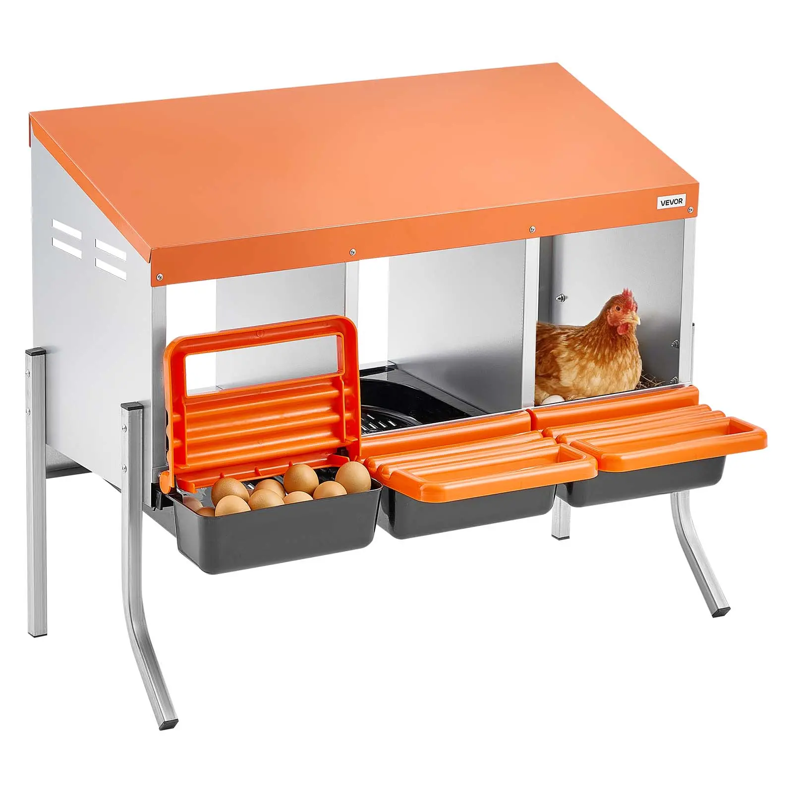 【SummerFinds】VEVOR Chicken Nesting Boxes, 3 Compartments, with Support Legs, Easy Egg Collection, Galvanized Steel and High-Strength Plastic, Roll Away Nesting Boxes for Chickens and Hens Laying Eggs, Orange