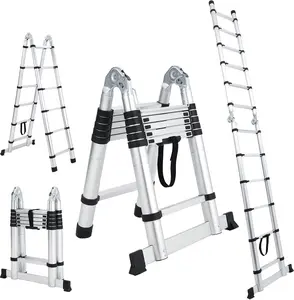 【GARVEE】12.5FT Telescoping Ladder - Portable Aluminum Extension Ladder With Non-Slip Feet & Stabilizers, Collapsible A-Frame Design for Home & Outdoor Use