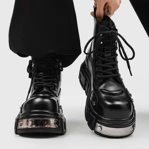 Men's black metal-toe platform combat boots, studded punk-style lace-up ankle boots, edgy streetwear design