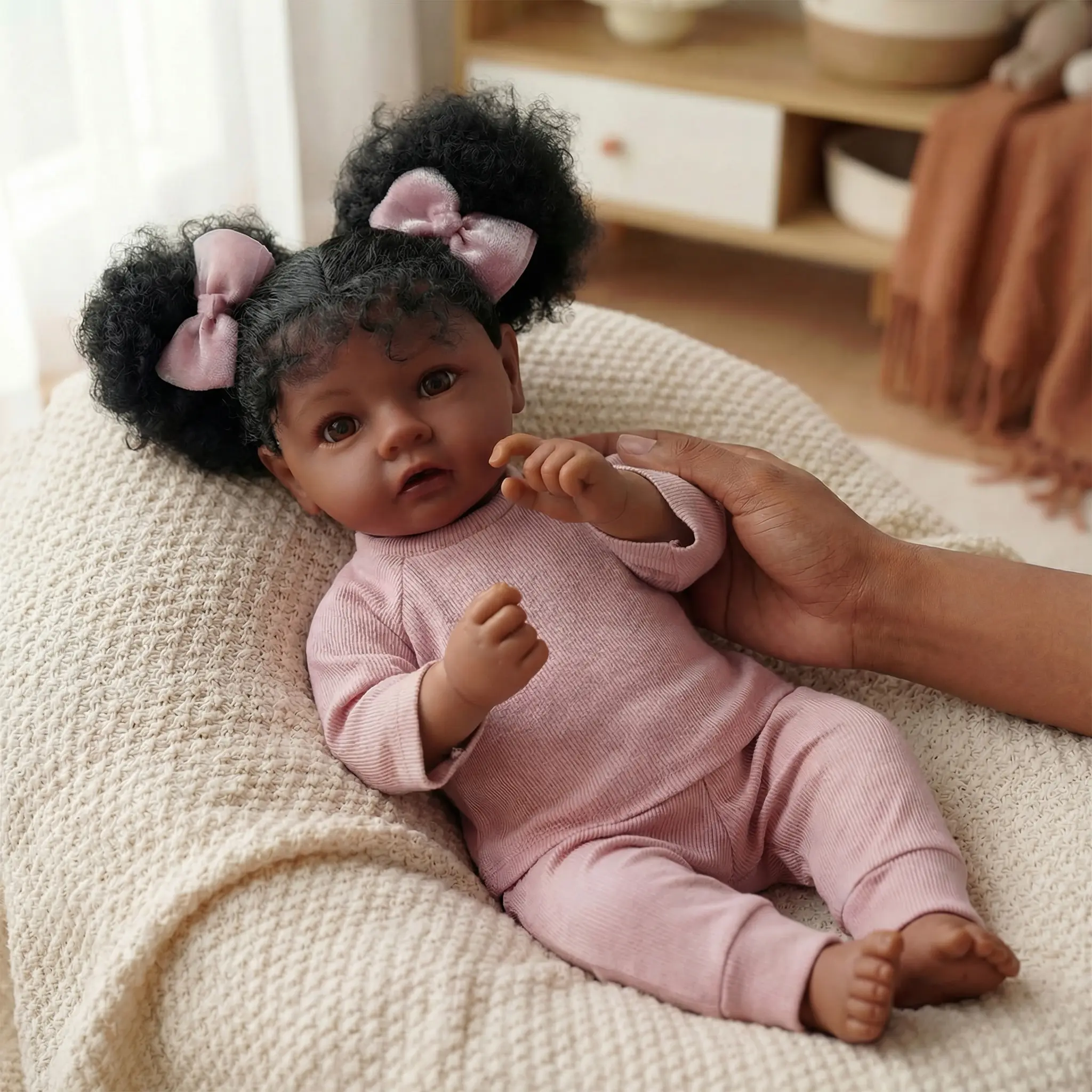 BABESIDE 20 "8 piece set of cloth body + vinyl dark skin non gender Reborn doll with gift box and feeding accessories suitable for Christmas New Year birthday gift