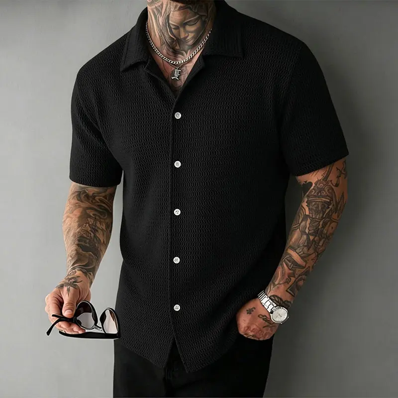Men's Stylish Casual Textured Knit Shirt - Cuban Collar Short-Sleeve Button-Front Slim Fit Plain Breathable Day Tops, Summer Menswear Basic