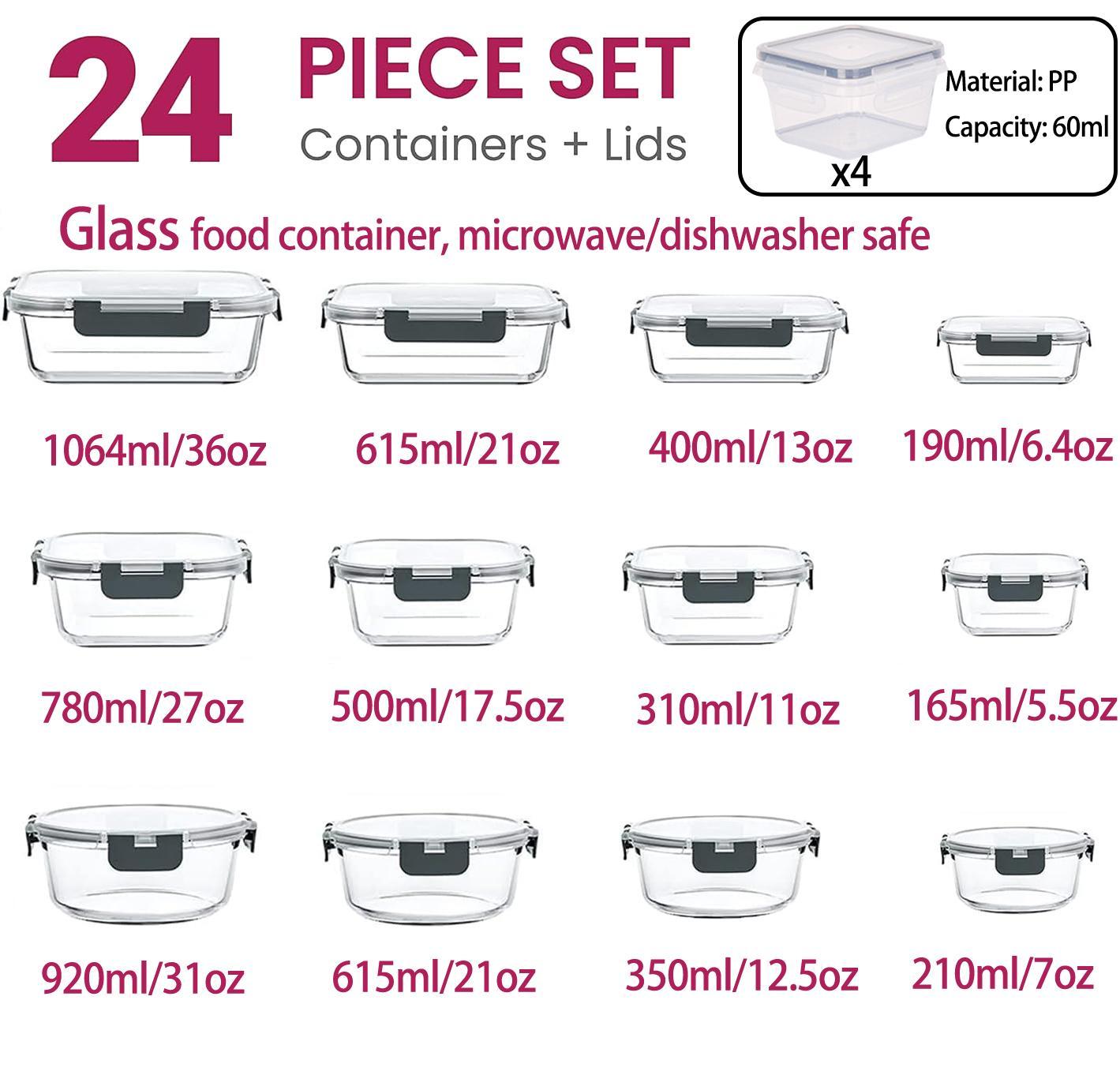 18-Pack Multi-Size Glass Food Storage Containers, 6 Sizes Square&Rectangle, Airtight Leakproof, Oven/Microwave/Freezer Safe (BPA-Free)