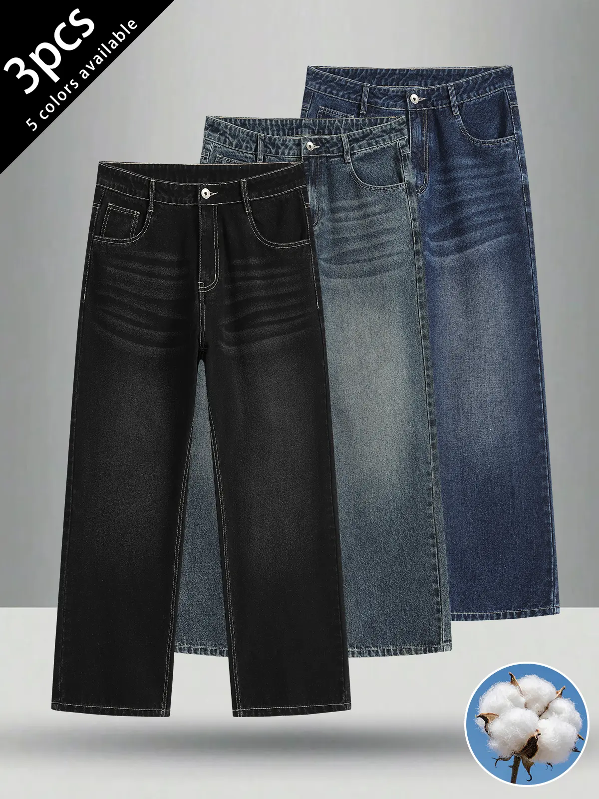 3-pack men’s long pants containing cotton; men’s jeans; men’s loose cotton denim long pants.Waist button design, loose straight cut, slimming and versatile, flattering for all body types.Available in multiple colors, suitable for all seasons, ideal for ev
