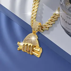 Miami Cuban Link Chain Necklace with Strength Pendant Iced Out Bling Rhinestone Hip Hop Unisex Jewelry for Men Women