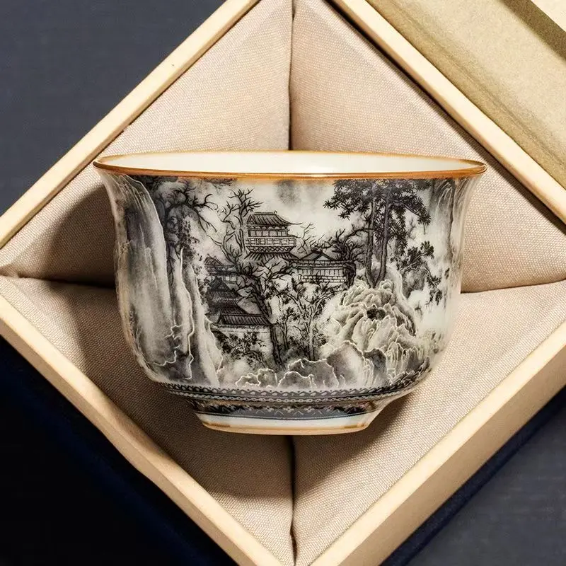 Ceramic Tea Cup - Aesthetic Handcrafted Ruyao, Ink Landscape Design, Round Ding Form, Aesthetic Drinkware, Boxed Gift Set Tea Cups