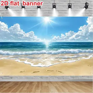 2D Flat Decorative Banner with Beach Waves and Sun Theme for Parties, Durable Polyester Photography Backdrop with Sky Cloud Design, Vibrant Beach Scene Decoration, Party Decorations Banners