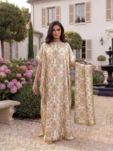 Elegant Floral Print Robe Set Matching for Women, Long Dress & Headscarf, Beach Sun Protection Satin Scarf, All Seasons Fashion Shawl, Elegance