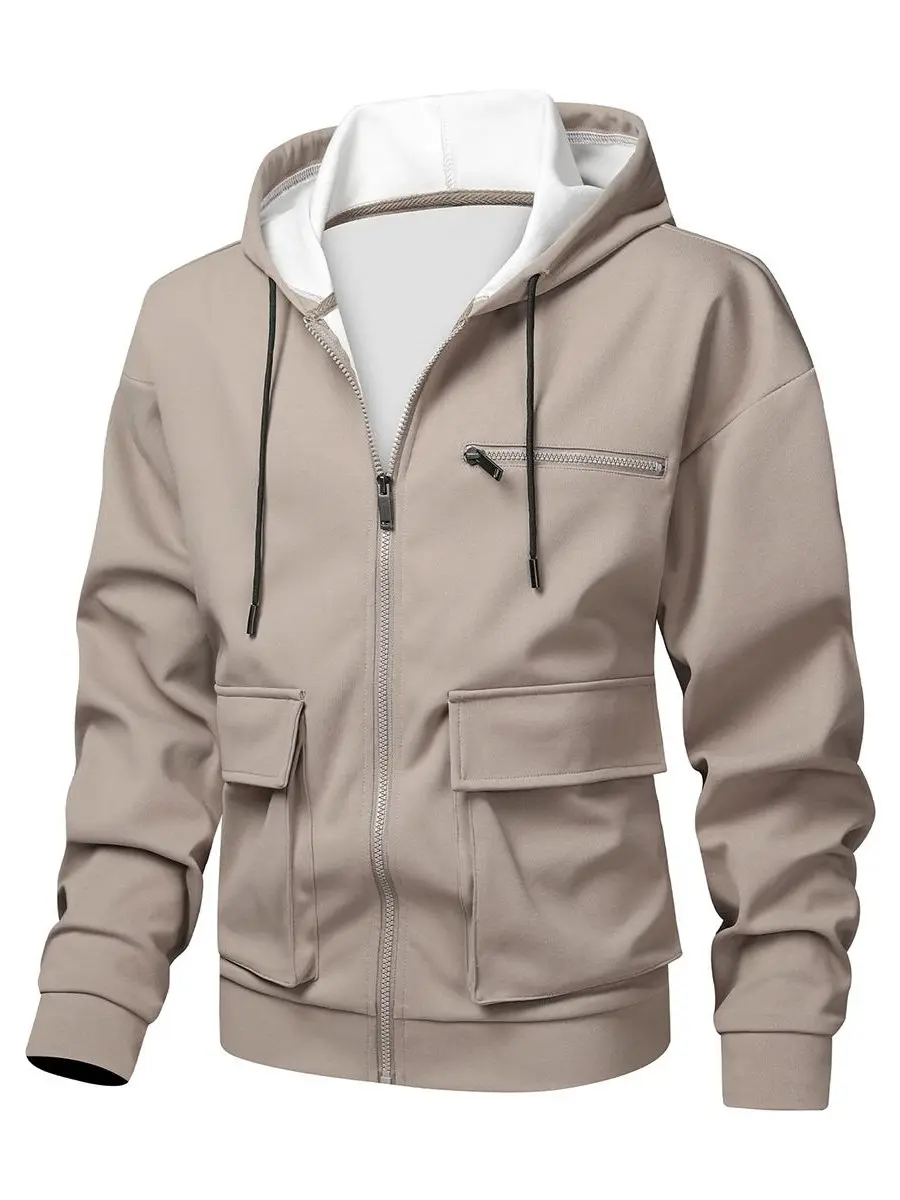 Men's Oversized Relaxed Fit Utility Cargo Hoodie Jacket - Light Khaki, Full Zip, Drawstring Hood, Multi-Zipper & Flap Pockets, Soft Casual All-Season Streetwear Outerwear