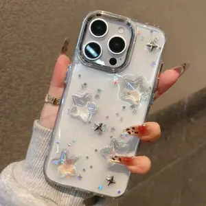 Luxury 3D Bling Stars Glitter Cellphone Case - Compact, Shockproof Protector with Transparent Bumper for iPhone 16,15,14,13,12,11 Pro Max Plus