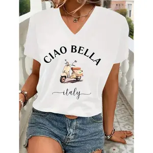 Womens Graphic Tees, Ciao Bella Italy Print, 100% Cotton V Neck Printed Summer Casual T Shirts Tops, Graphics Woman T - Shirts,  Casual Short Sleeve For Holiday Vacation Beach , Birthday Gift For Women, Summer Tops, Women Clothes Apparel, Streetwear Tee