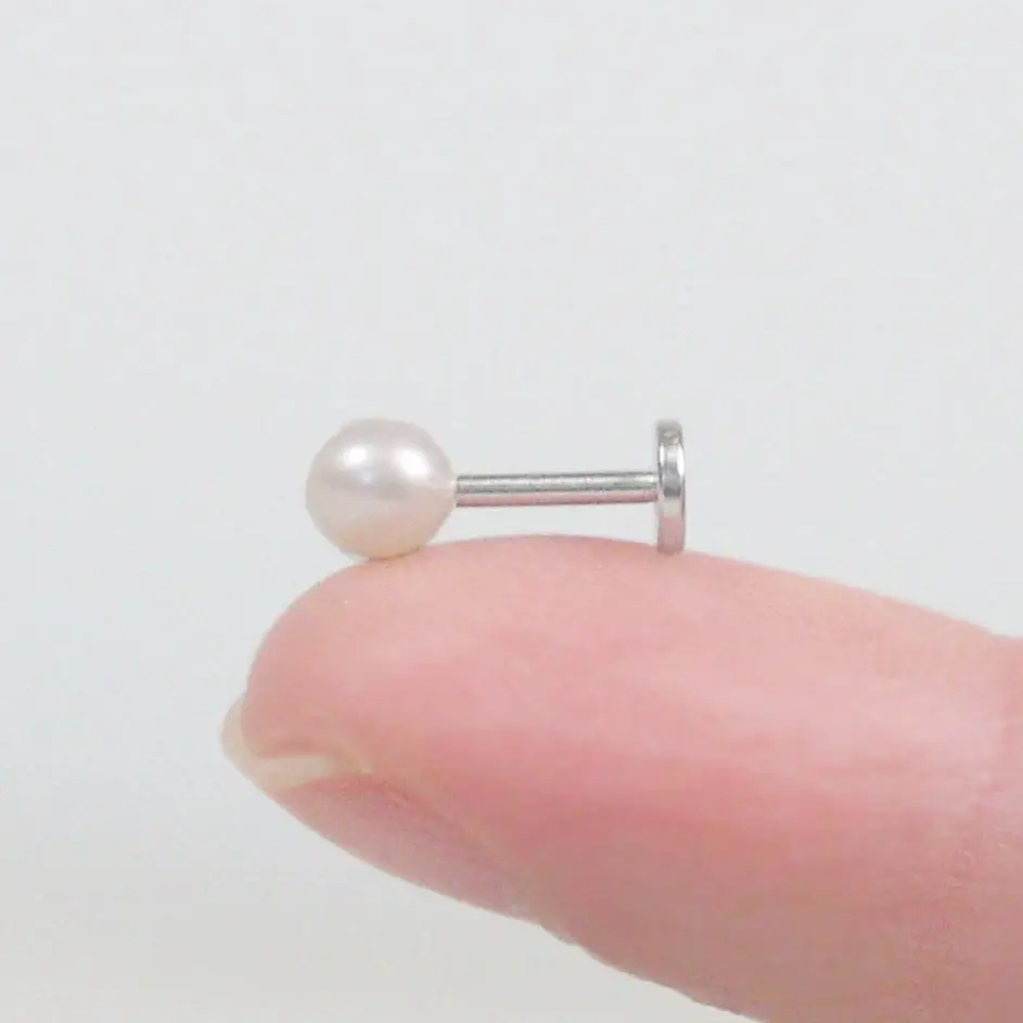 Sterling Silver Saltwater Pearl Flat Back Stud: Single 18 Gauge Hypoallergenic Labret, Comfort Labret for Helix, Conch, Tragus, and Lobe Piercings