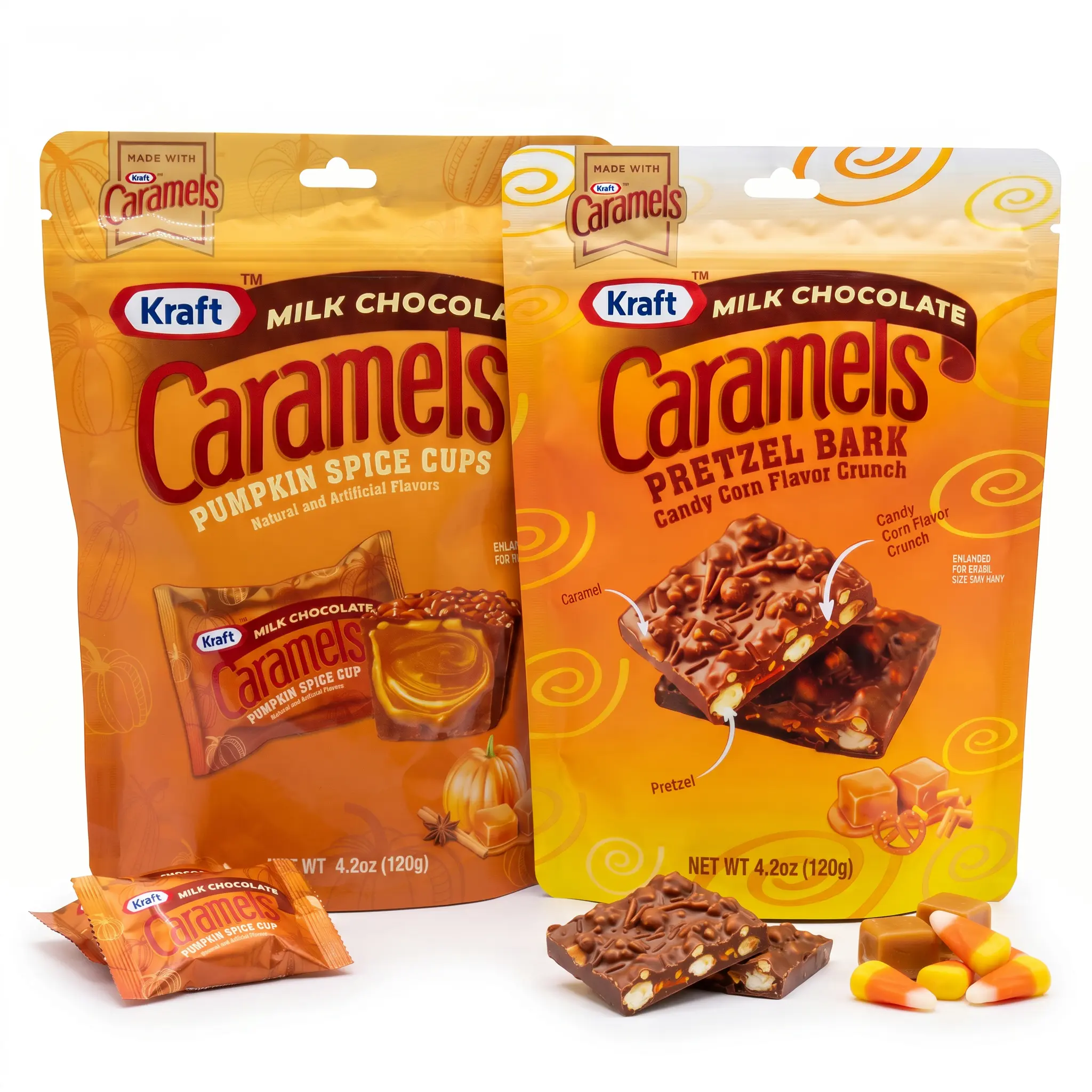 Kraft Caramels Fall Candy 2 Pack Variety | Pretzel Bark Candy Corn Crunch & Pumpkin Spice Caramel Cups | 4.2 oz Bags