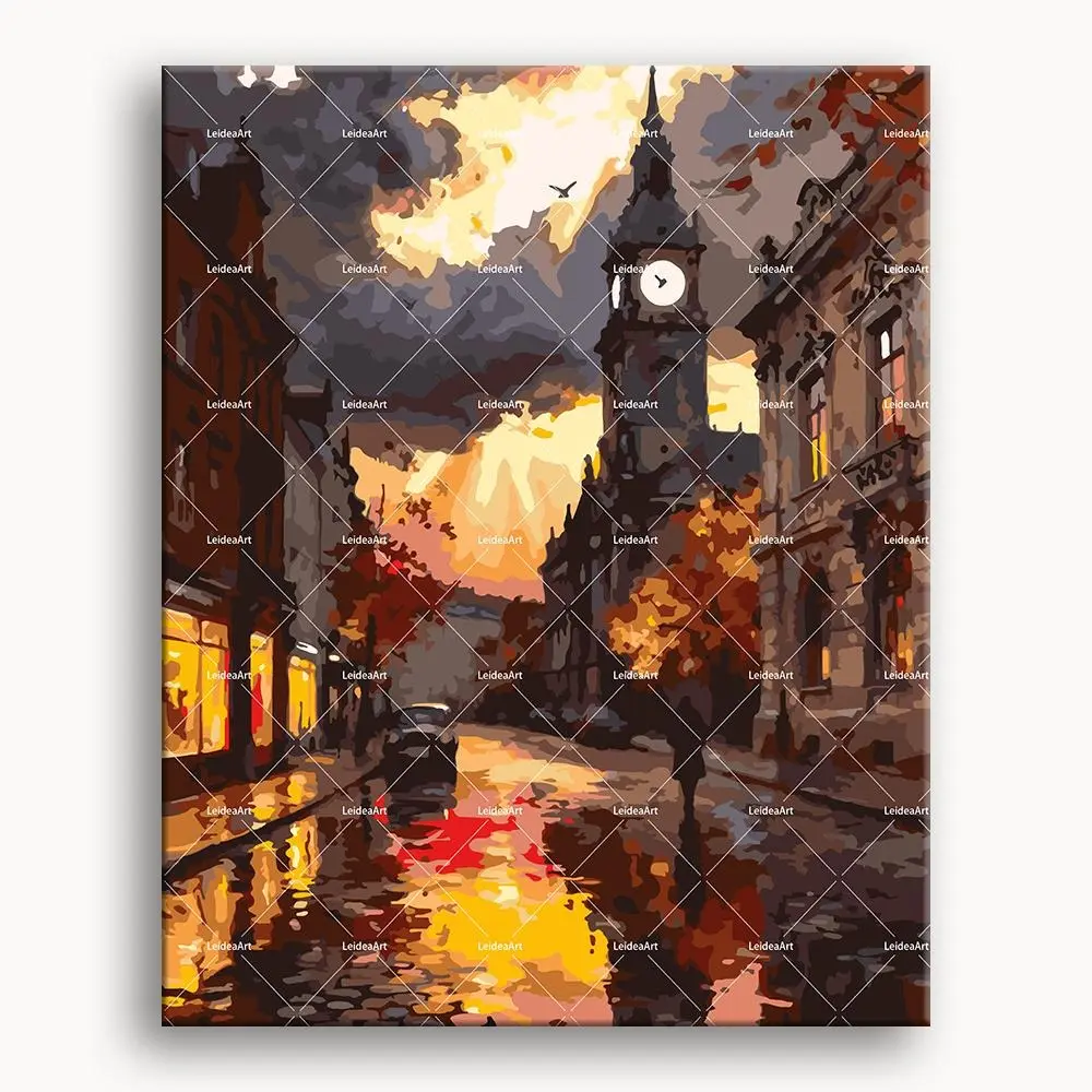 Autumn City Clock Tower Paint by Numbers Kit for Adults, Acrylic Painting Set with DIY Canvas, Stress Relief Artistic Craft for Beginners, Home Decor Gift