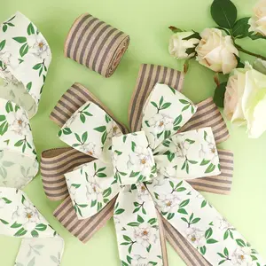 1 piece, large floral bow with magnolia and striped patterns, suitable for indoor and outdoor holiday, daily, summer, and spring home decor, party supplies, Christmas, wreath decorations, 11x21 inches