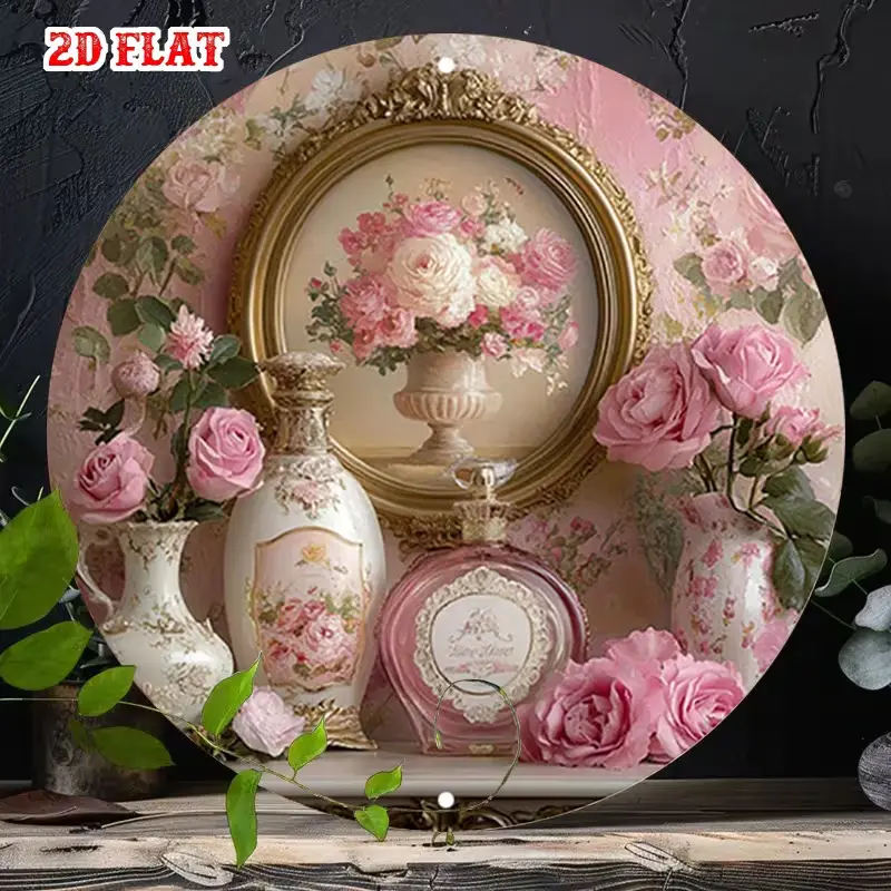 Coquette Soft Pink Rose Vintage Perfume Bottle Round Metal Tin Sign Gold Ornate Frame Floral Art Antique Porcelain Shabby Chic Circular Metal Wall Plaque Grandmillennial French Cottage Bedroom Vanity Wall Decor Romantic Gift For Women Pink Floral Lovers