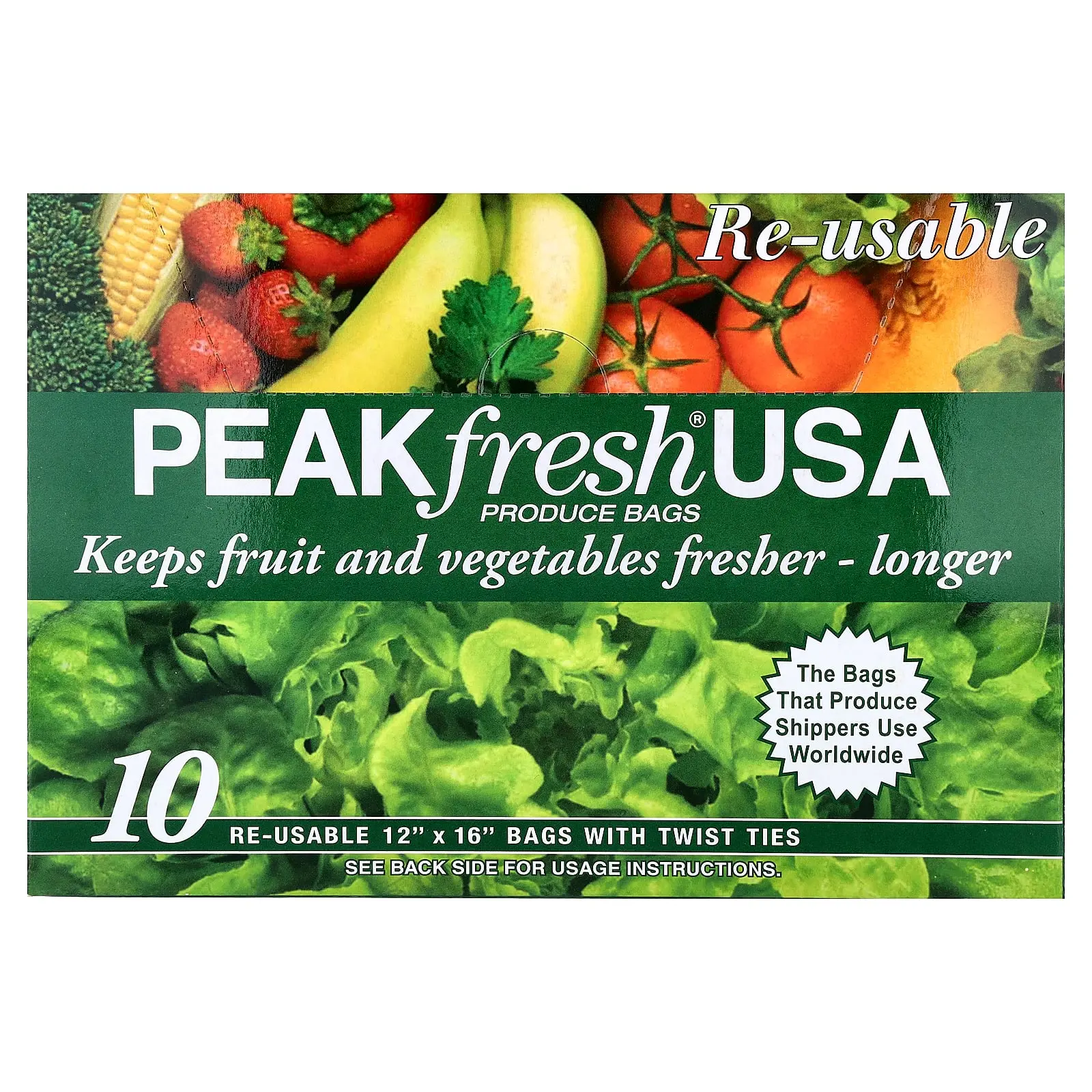 PEAKfresh USA Produce Bags with Twist Ties, 10 Re-Usable Bags