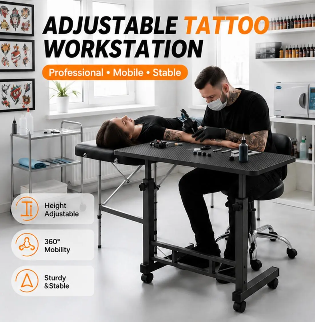 Height Adjustable Mobile Workstation Table with Lockable Wheels, Carbon Fiber Desktop & Heavy-Duty Steel Frame, Rolling Desk for Tattoo, Home Office, Crafts, Gaming, Study & Garden