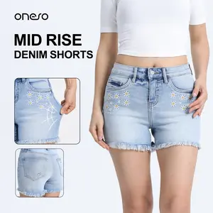 ONESO Women's Mid Rise Frayed Edge Embroidered Flower Denim Shorts Casual Jeans Shorts Summer Casual Ripped Booty Shorts 2026