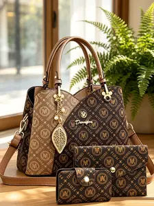 3 Piece Set Floral Patchwork Handbags, Vintage Colorblock Leaf Charms, Crossbody Large Capacity, Office Commute/party Bags