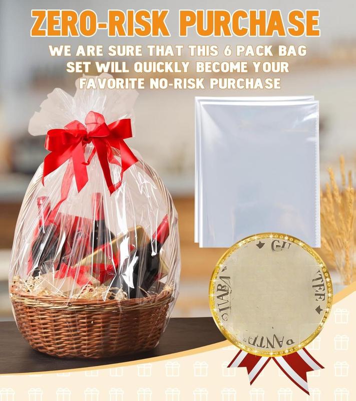 6PCS Extra Large Cellophane Bags, 30x40 Inches Clear Cellophane Wrap for Gift Baskets, Jumbo Huge Packaging Clear Gift Bags 2.8 Mil Thick