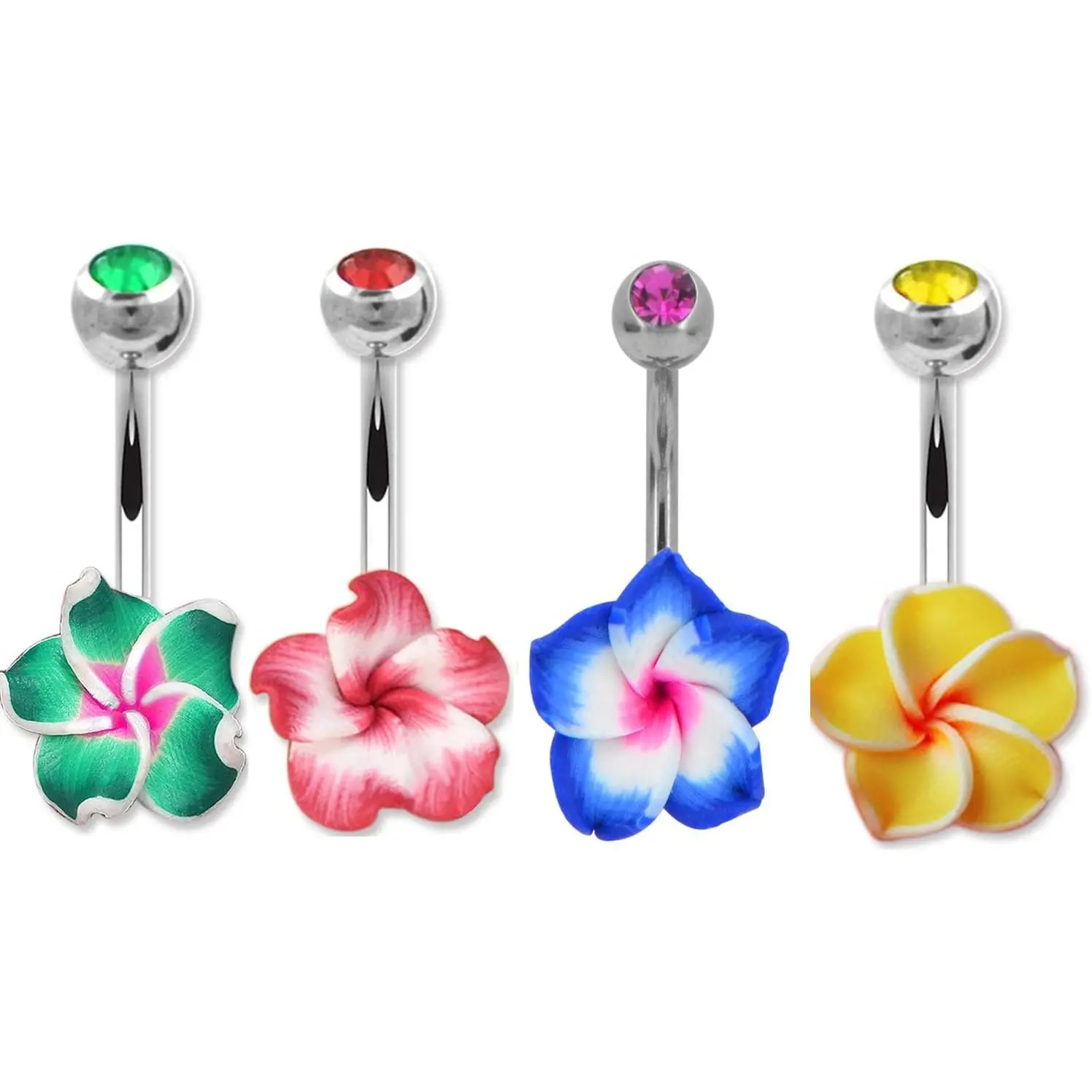 14-Gauge 3/8 in 316L Surgical Steel Body-Safe Mini Barbell Navel Piercing Jewelry, Assorted Boho Hawaiian Plumeria Flower Dangle Ring Piercing Jewelry, Mini Barbell Piercing Jewelry