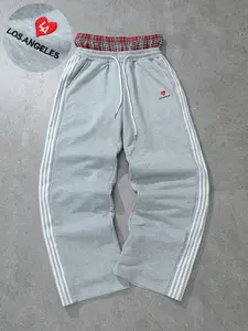 Unisex Los Angeles Heart Wide Leg Pants, Y2K High Street Style Waistband, Polyester Fabric, Side Stripes, Loose Fit, Casual