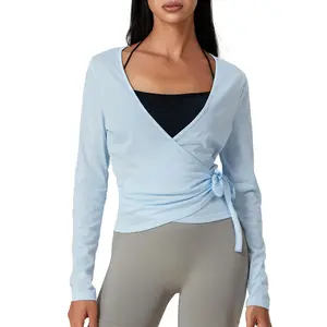 Women Cross Wrap Tie Top Long Sleeve Deep V NeckFit Workout Blouse