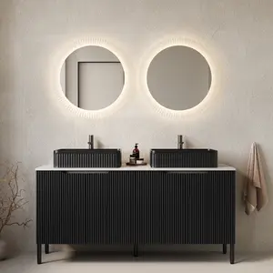 TURIO 60" Bathroom Vanity with Sinks, Freestanding Bathroom Storage Cabinet with 4 Doors, 2 Black Striped Rectangular Ceramic Basins and Carrara White Counter Top, No Faucet, Black Color