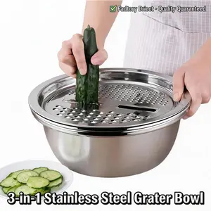 3-Piece Stainless Steel Kitchen Multi-Function Set, Integrated Grater Design with Drain Basket & Mixing Bowl, Food Grade Safety