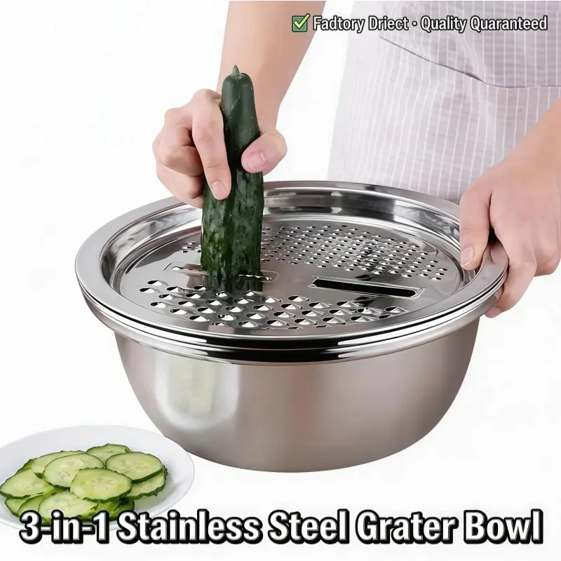 3-Piece Stainless Steel Kitchen Multi-Function Set, Integrated Grater Design with Drain Basket & Mixing Bowl, Food Grade Safety, Vegetable Grater