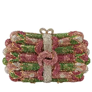 PSBIY Women's Floral Crystal Clutch Bag - Pink & Green Rhinestone Evening Handbag Perfect for Weddings Parties and Proms Elegant Design Compact Size Glamorous Sparkling Rhinestones